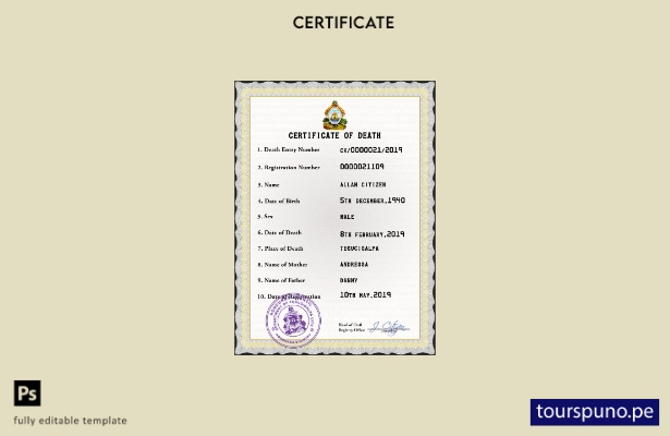 listo para imprimir plantilla PSD de certificado de defunción de Honduras